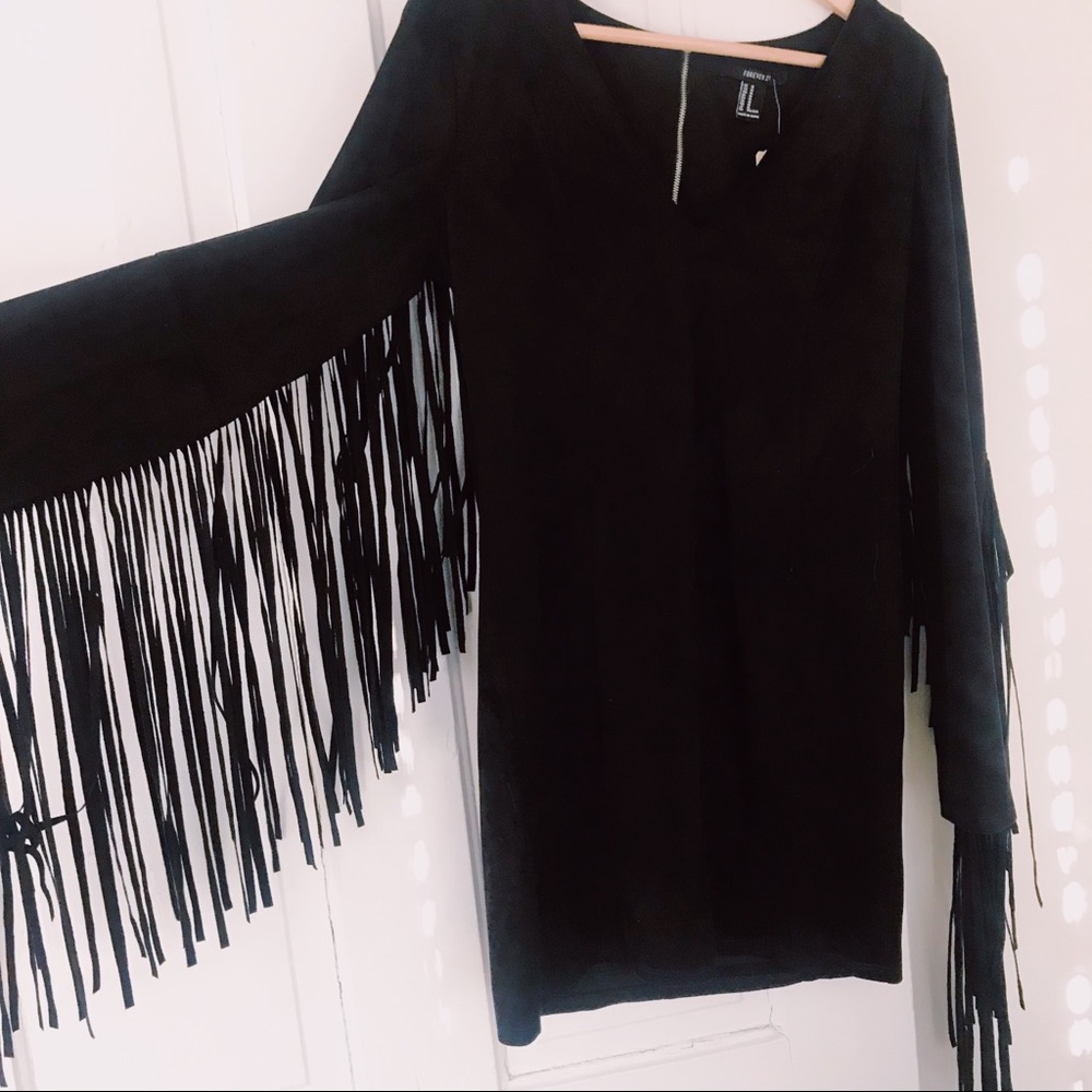 Forever 21 Fringe Dress Black Festival Faux Suede